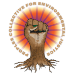 Brown fist transitioning into roots resembling a tree at the wrist, surrounded by an orange sunburst, encircled by the words People’s Collective for Environmental Justice.