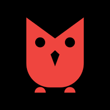 Stylized cut-out of a red owl overlaid on a black background. Eyes and beak are black.