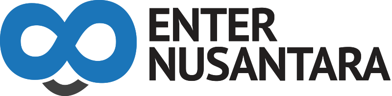 Blue infinity symbol appearing to be eyes, with a small black mark below appearing to be a smiling mouth. Black text to the side reads: ENTER NUNSANTARA