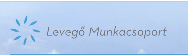 Variable light blue background mimicking the sky, with the words "A Levegő Munkacsoport" written in gray. There is a simplified silhouette in gray that resembles a fan or a flower or a wind turbine.