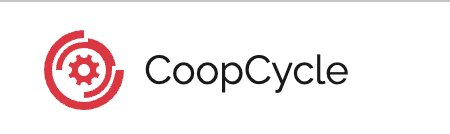 white background with black letters that read CoopCycle. These letters are accompanied by red, interlocking semi-circles with a gear symbol in the middle.